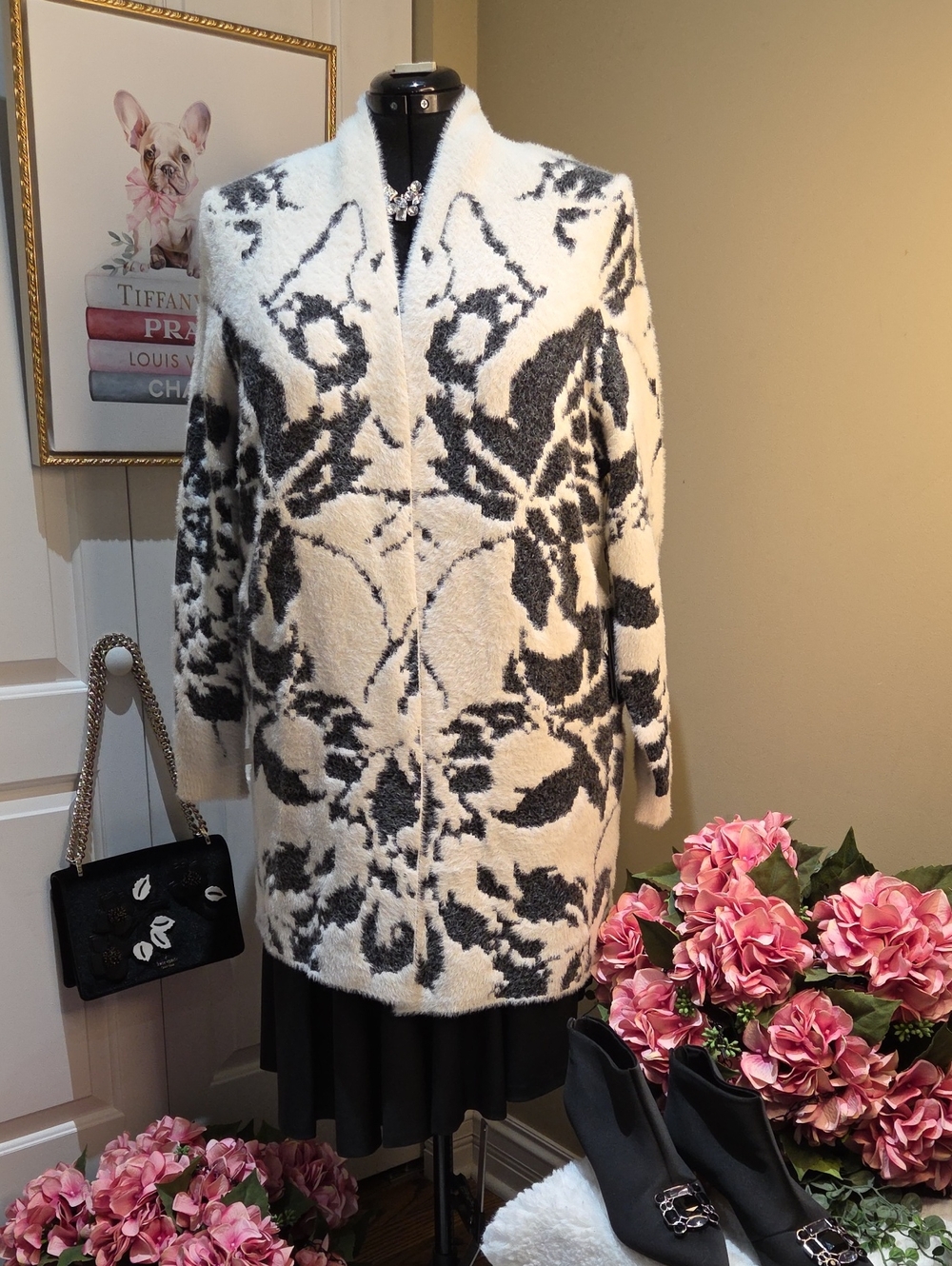 Cyrus Black and White Floral Long Open Cardigan